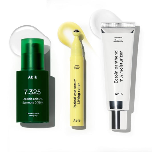 Abib Skincare Curation Set – Retinal Eye Serum Roller, Clear Spot Serum with Azelaic Acid, Ectoin Panthenol Moisturizer – Korean Skincare