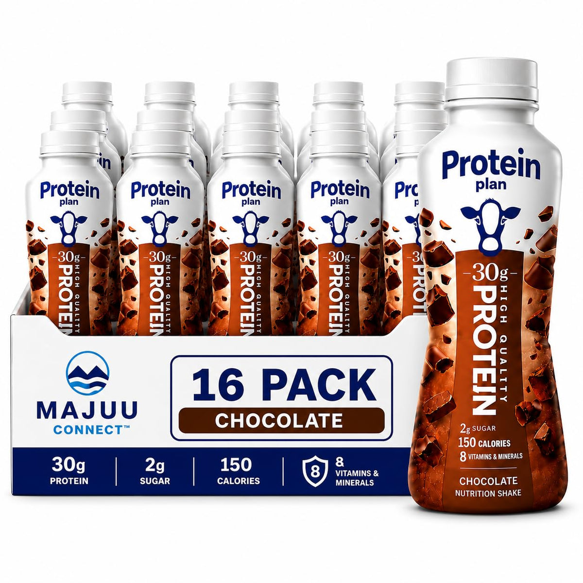 High Protein Chocolate Nutrition Shake (16, 11.5 Fl Oz) Pack - 30g Protein Per Botle Only 2g Sugar &150 Calories| Enriched With 8 Naturally Occouring Vitamins &Minerals | Ready-to-Drink, Lactose free.
