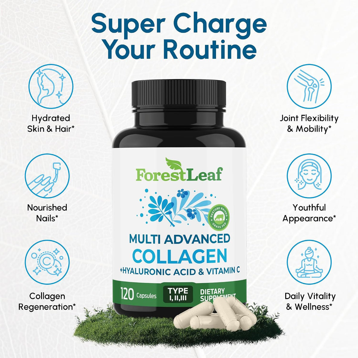 ForestLeaf Multi Collagen Pills with Hyaluronic Acid + Vitamin C | Hydrolyzed Collagen Supplements for Women or Men | Multi Collagen Capsules Peptides for Skin, Wrinkles, 240