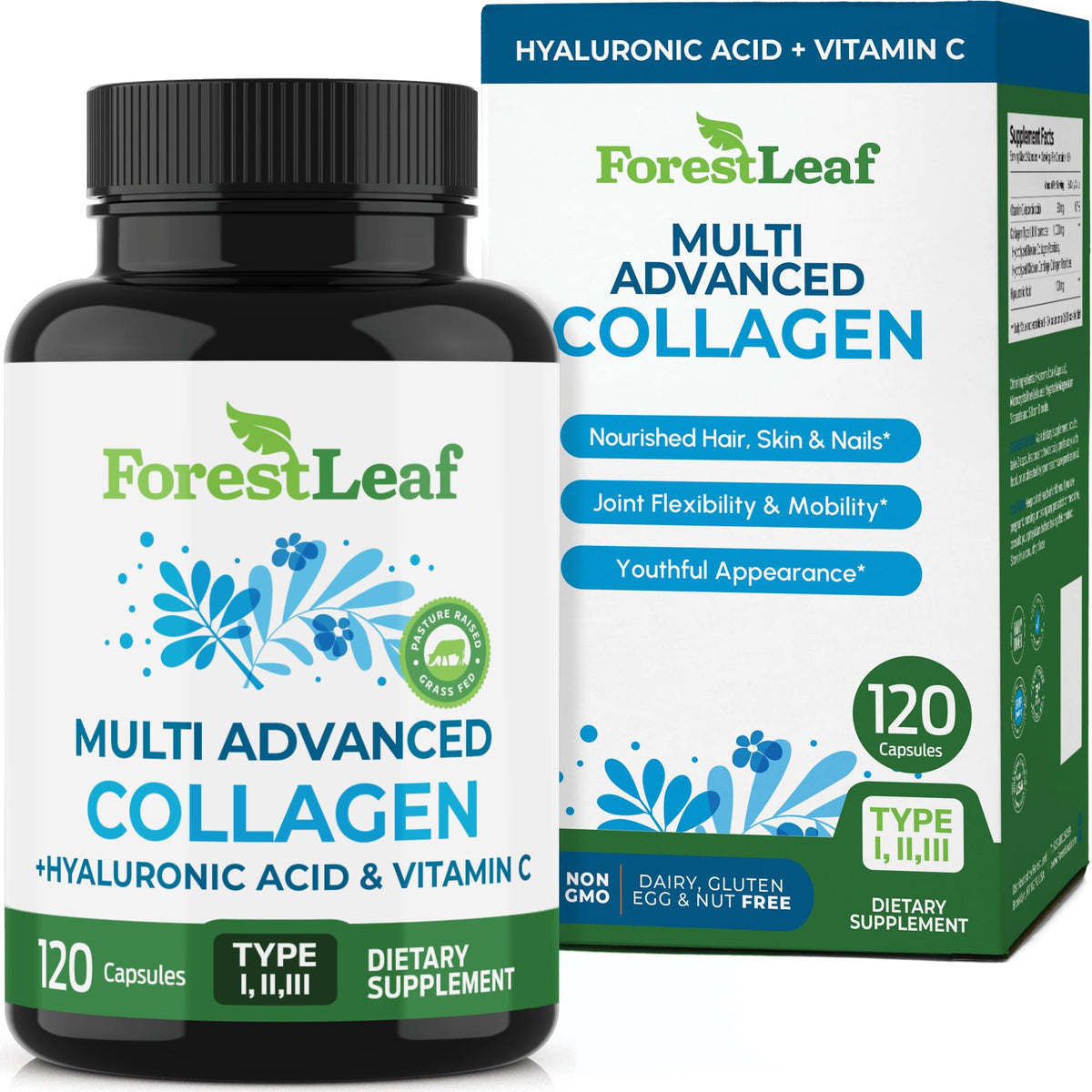ForestLeaf Multi Collagen Pills with Hyaluronic Acid + Vitamin C | Hydrolyzed Collagen Supplements for Women or Men | Multi Collagen Capsules Peptides for Skin, Wrinkles, 240