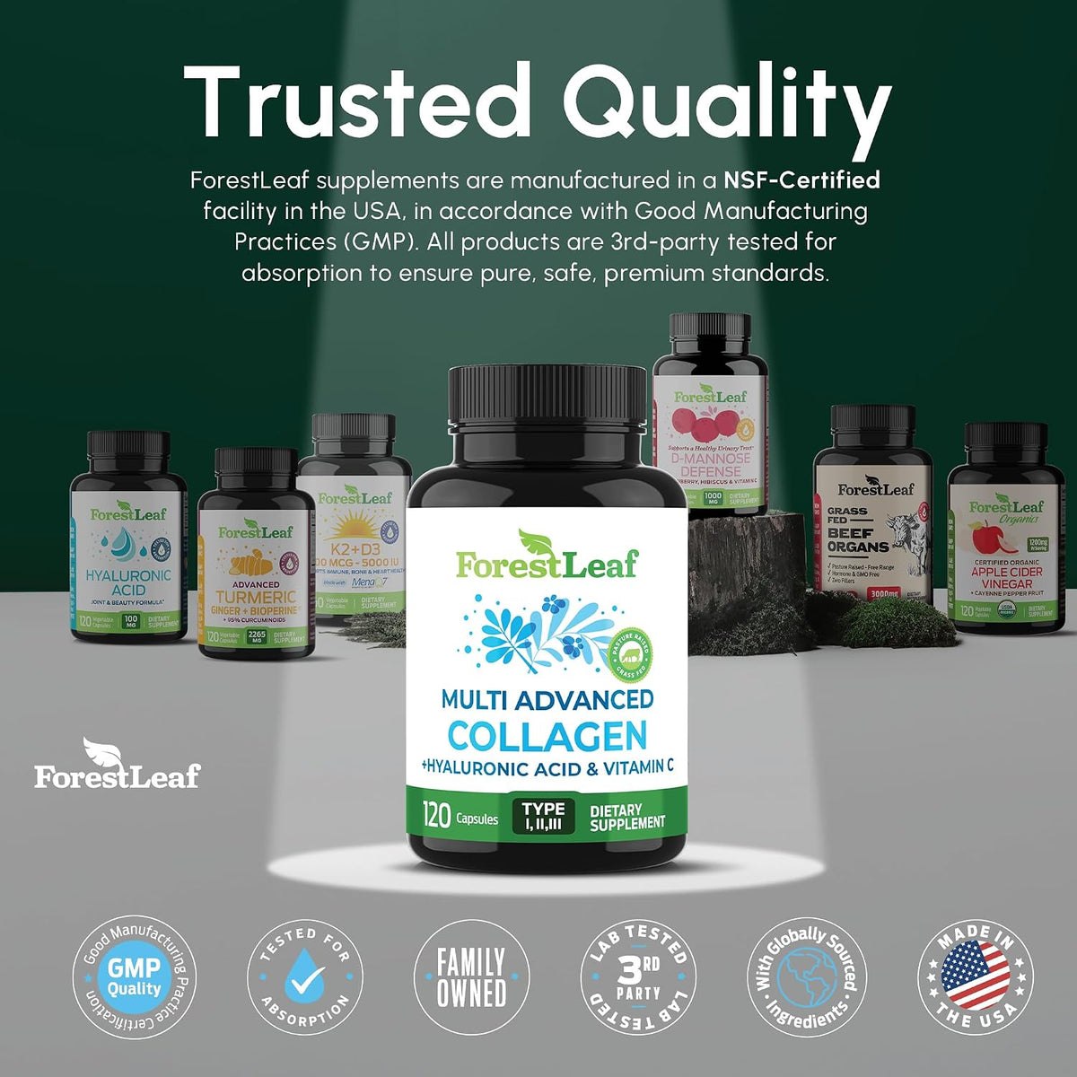 ForestLeaf Multi Collagen Pills with Hyaluronic Acid + Vitamin C | Hydrolyzed Collagen Supplements for Women or Men | Multi Collagen Capsules Peptides for Skin, Wrinkles, 240
