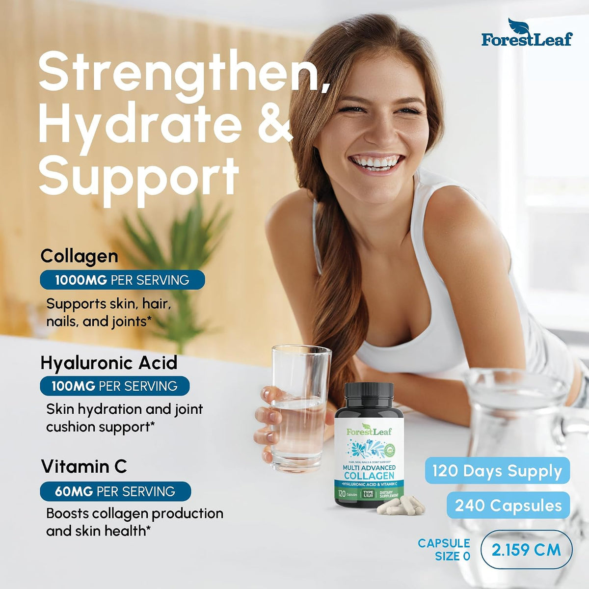 ForestLeaf Multi Collagen Pills with Hyaluronic Acid + Vitamin C | Hydrolyzed Collagen Supplements for Women or Men | Multi Collagen Capsules Peptides for Skin, Wrinkles, 240